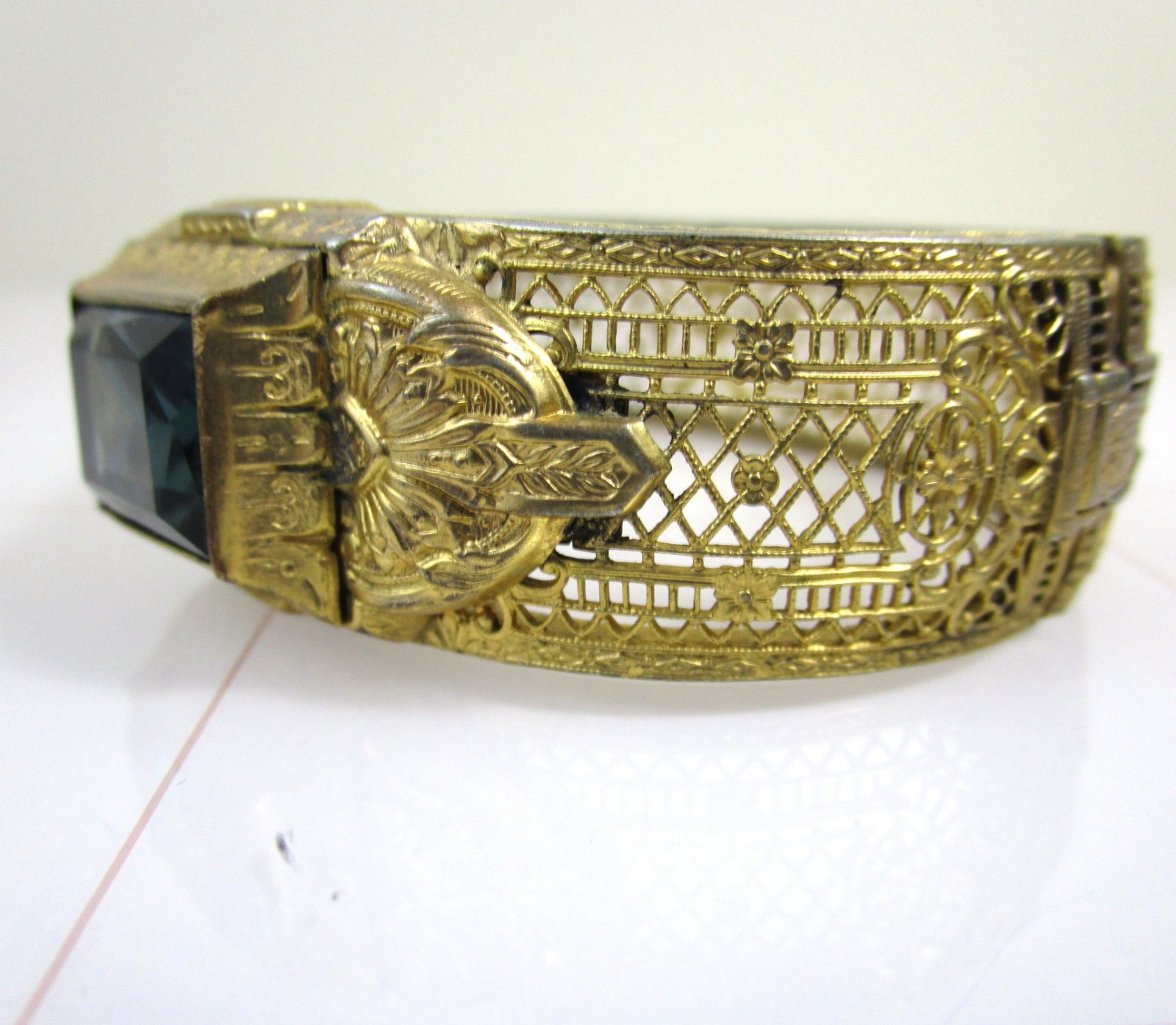 Antique Art Deco Gold Plated Filigree Bangle Bracelet Blue Stone ENW Elgin Watch