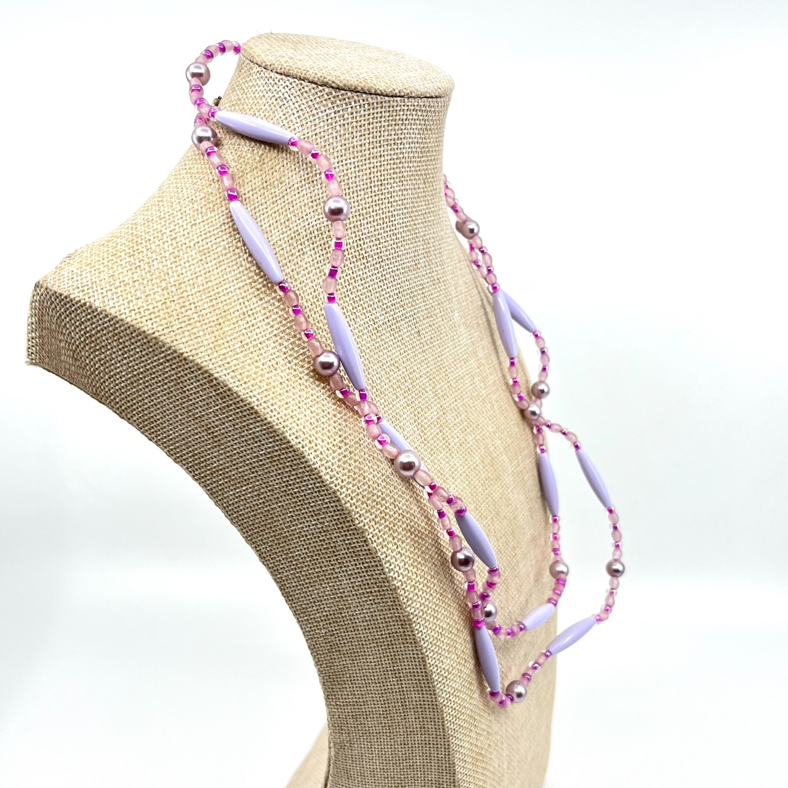 Vintage Lavender Purple Beaded Strand Necklace Long Boho Faux Pearl Mixed Beads