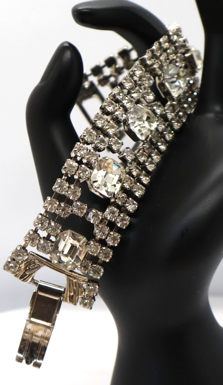 Vintage Rhinestone Bracelet w/ Multiple Rows of Rhinestones & Large Square Ones