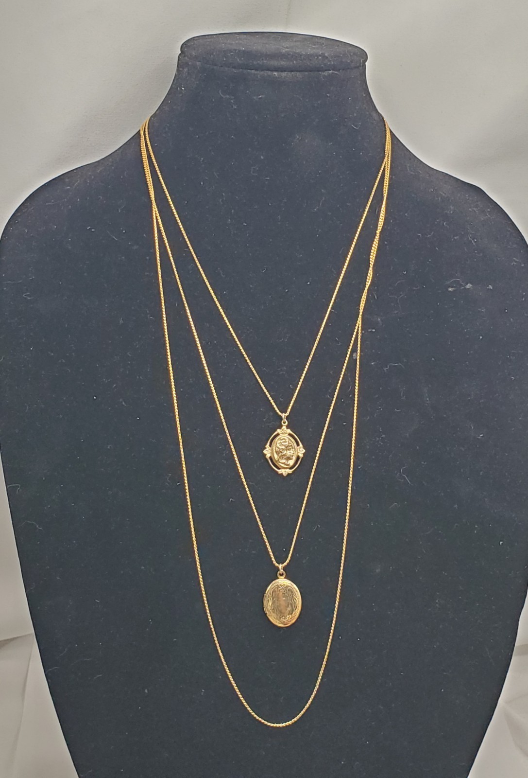 Vintage Goldette Gold Tone Triple (3) Strand Necklace W/ Locket & Medusa? Face