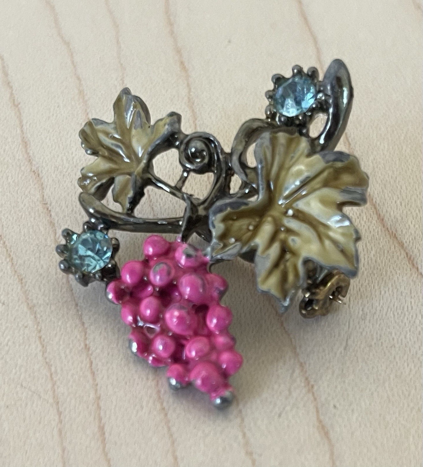 Vintage Grape Enamel Blue Rhinestone Gray Metal Brooch Pin