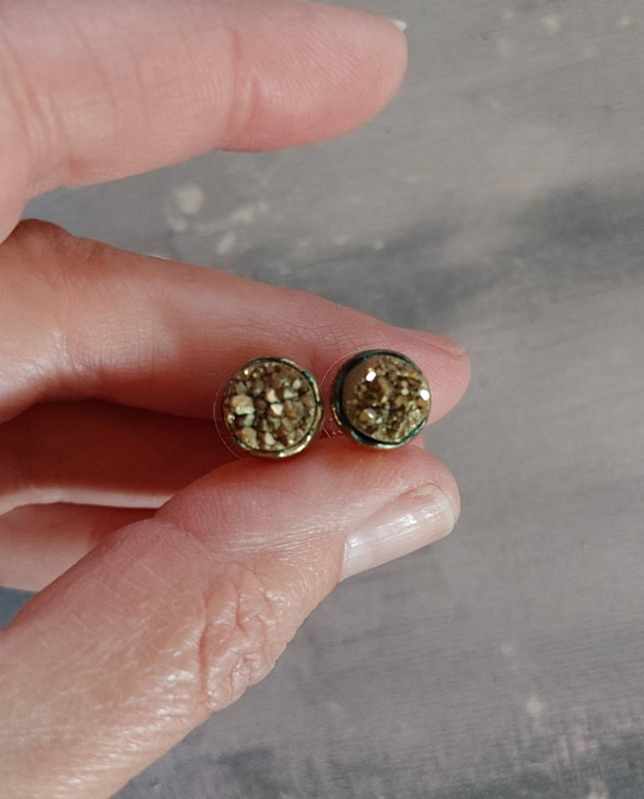 Vintage post earrings 9mm golden pyrite crystal in brass plated copper setting