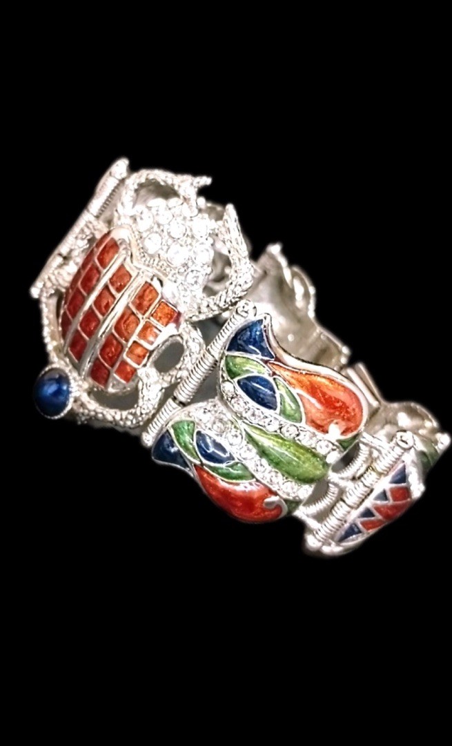 Vintage Signed EDGAR BEREBI Cleopatra Scarab Enamel & Crystal Link Bracelet 7.5”