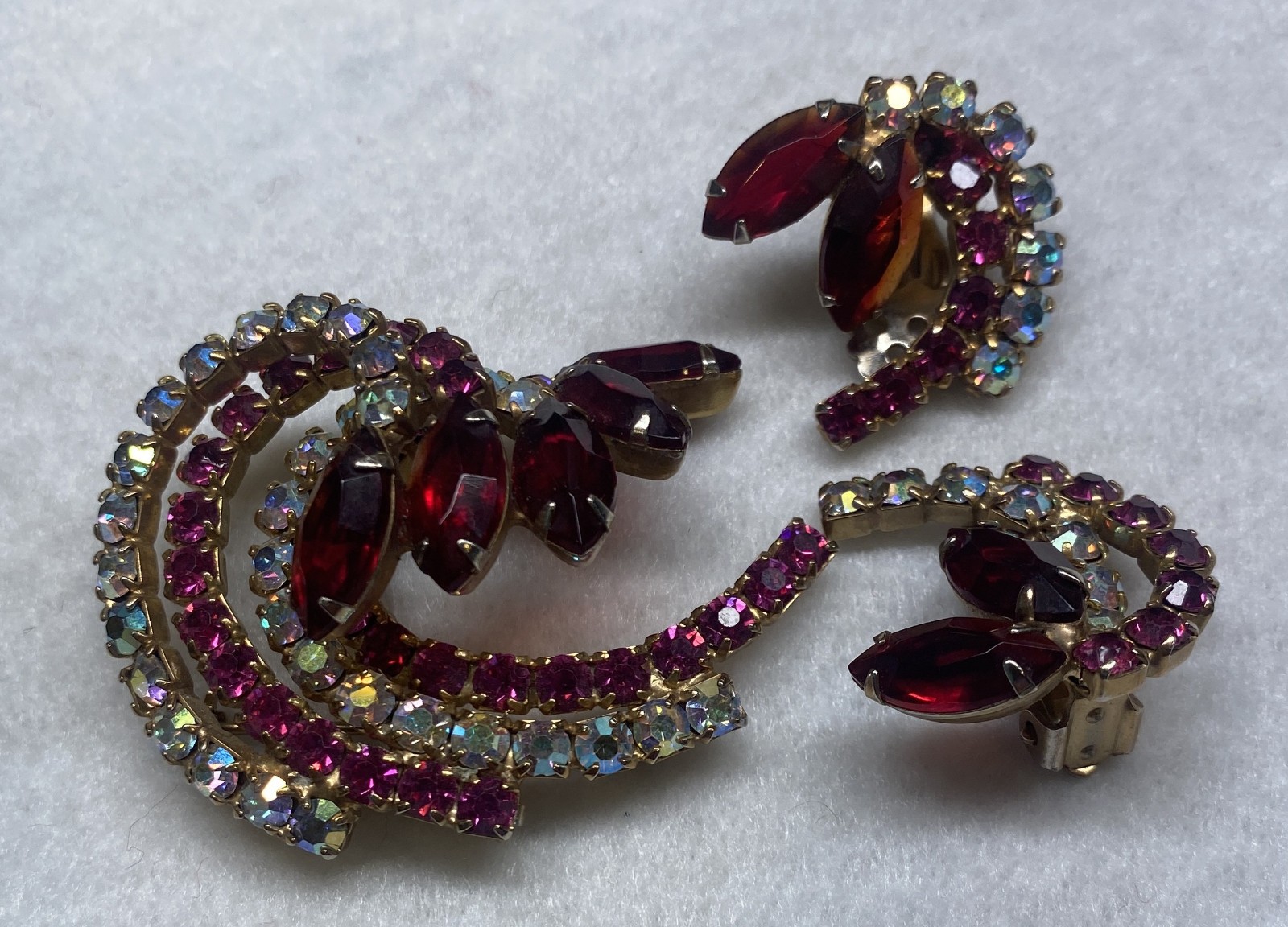 Vintage Red, Pink & Clear AB Rhinestone Brooch & Earrings in Gold Tone Setting
