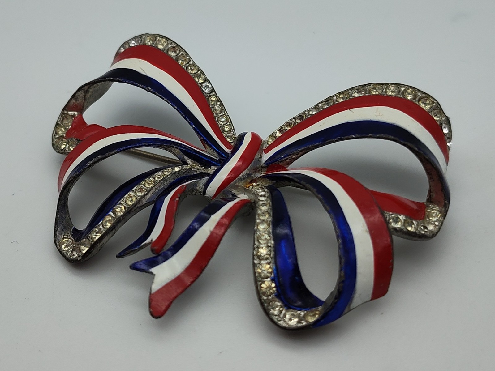 Vintage Large Bow Red White Blue WW2 Silver Tone Clear Rhinestone Pin Brooch