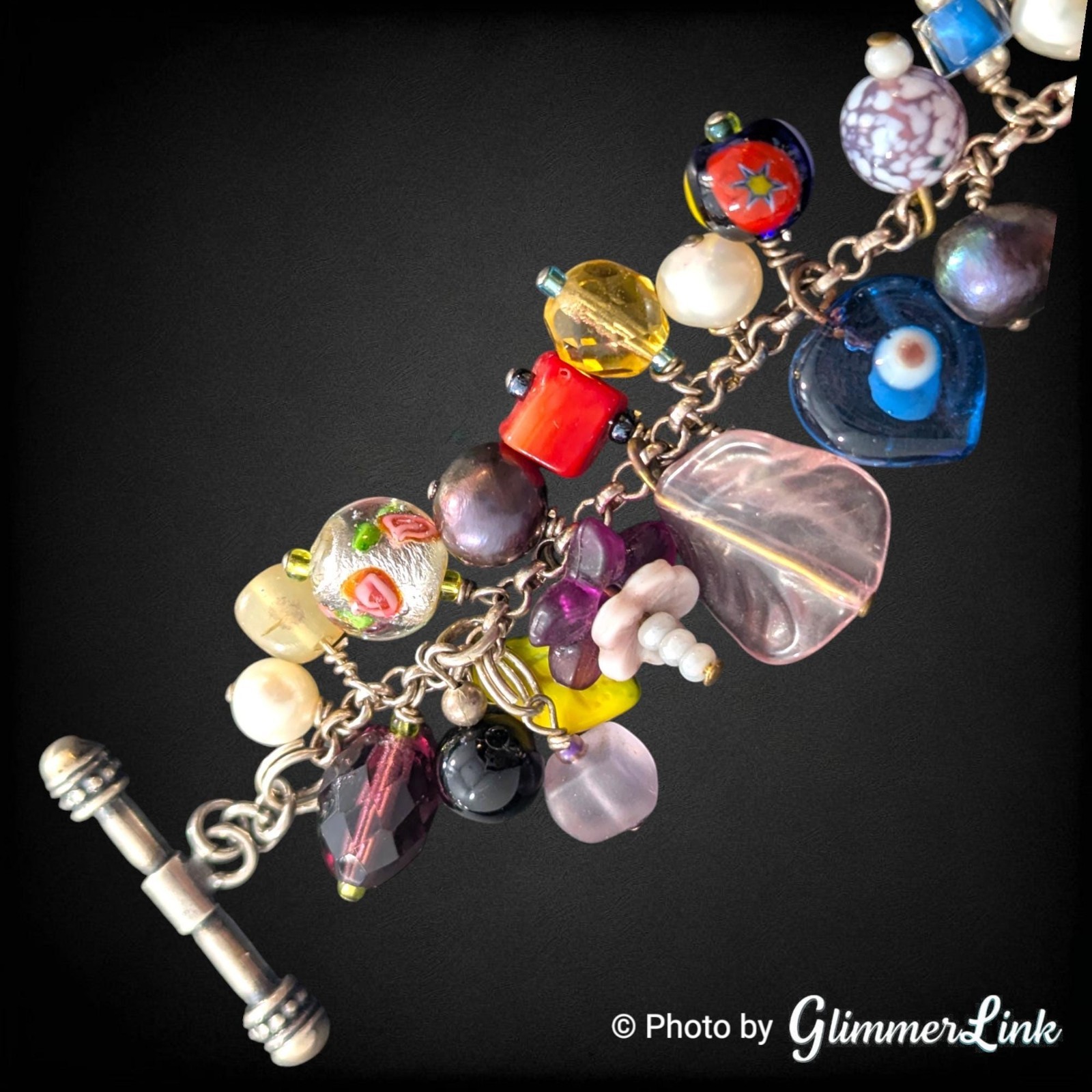 Vintage Artisan Cluster Bead Charm Bracelet Lampwork Glass Pearl Toggle