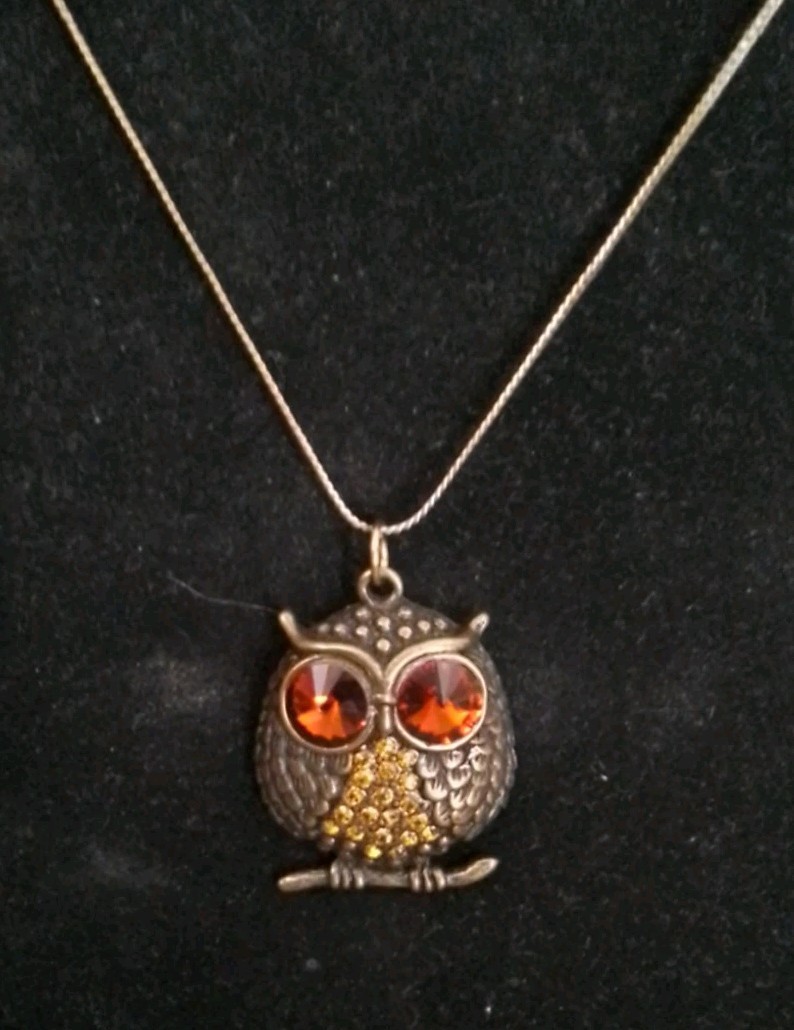Vtg. 1980’s Bronze Color Owl Pendant Necklace with Amber Gem Eyes 22″ chain,Cute