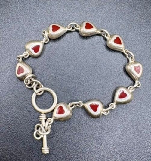 Vintage Sterling Silver Red Enamel Heart Link Bracelet 7.5″ Toggle Clasp 925 15.