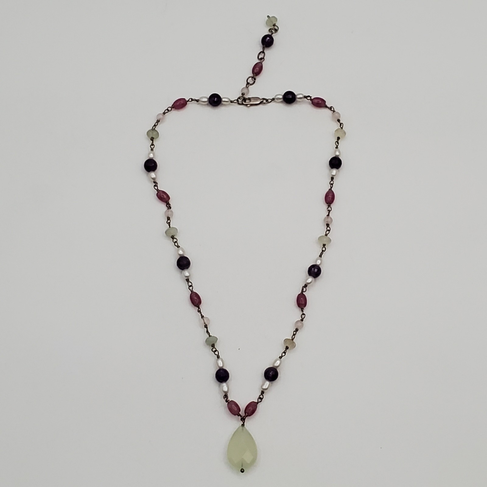 VTG 925 Pearl and Gemstone Jade Teardrop Necklace 18in Sterling Silver 12gtw