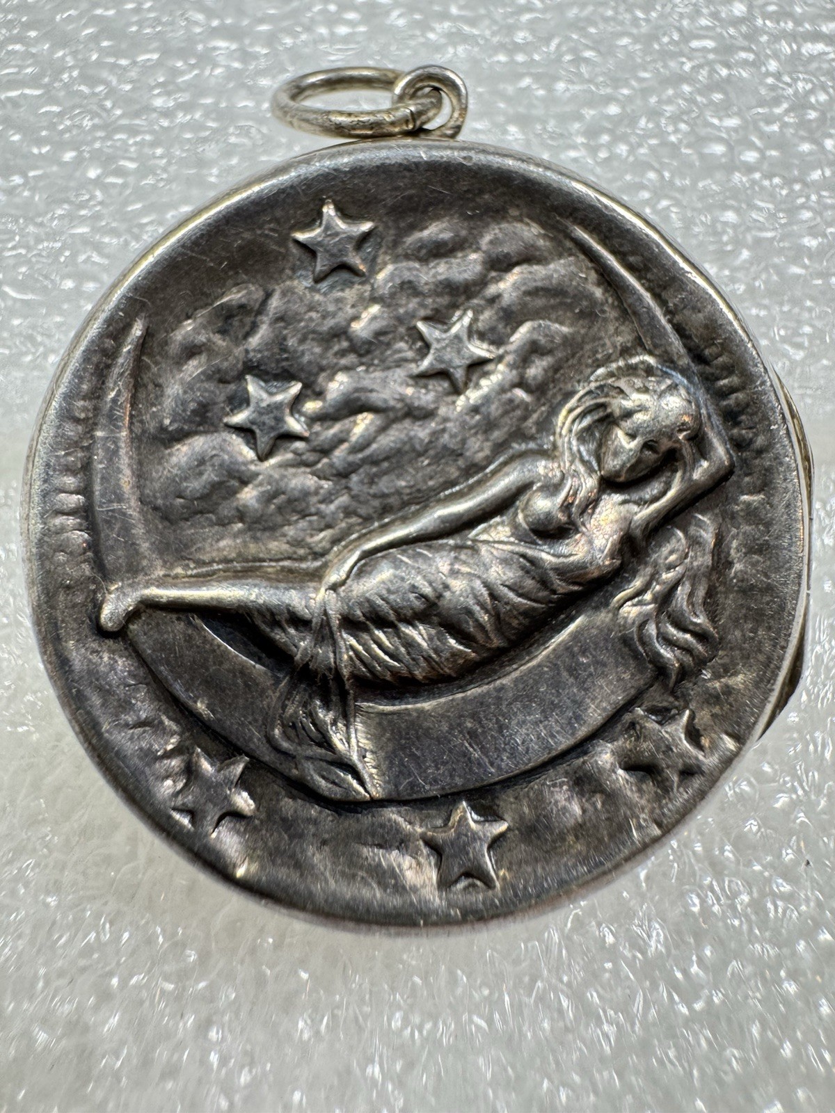 Antique Sterling Silver Art Nouveau Repousse Lady Crescent Moon & Stars Locket