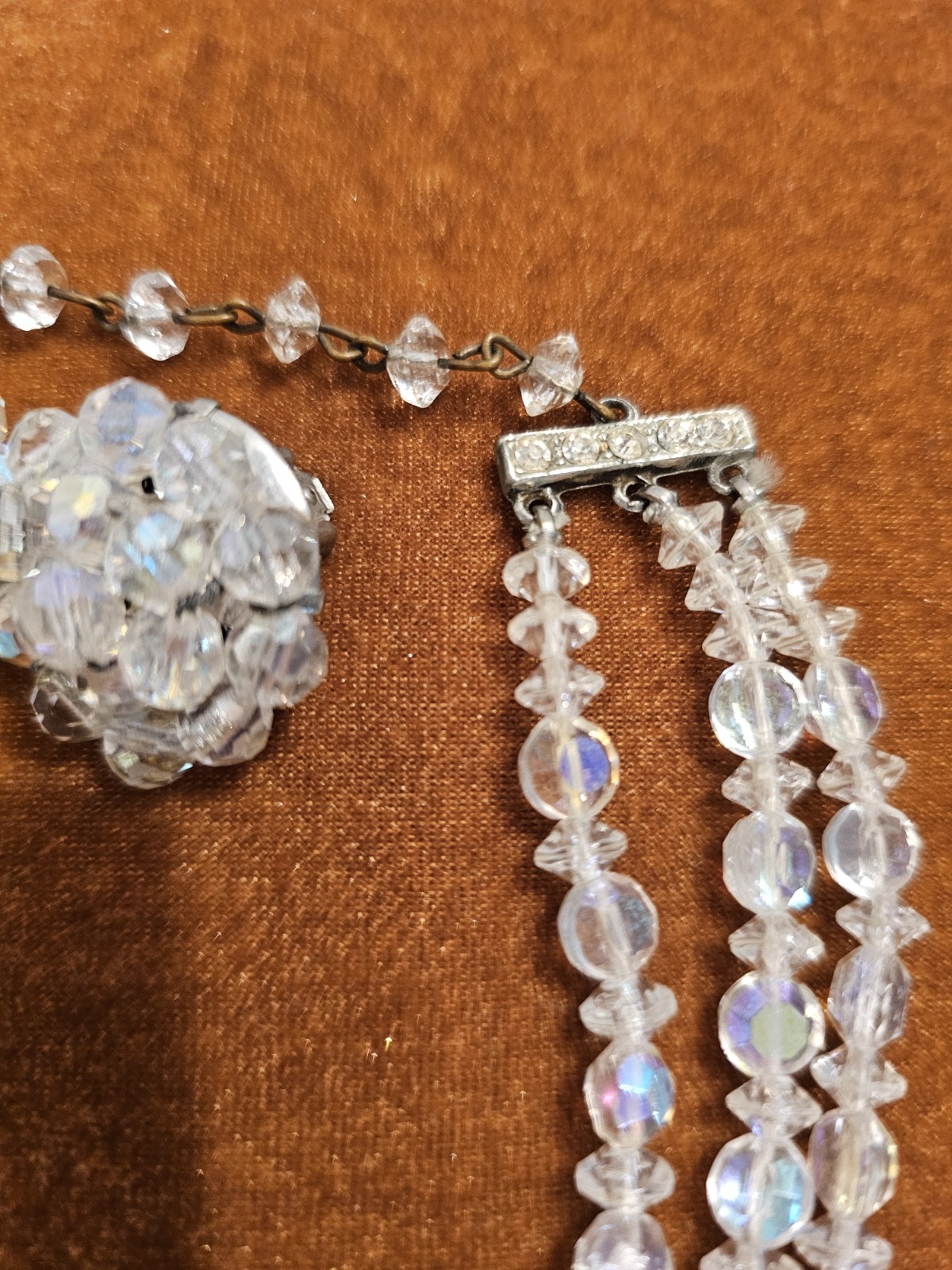 Vintage 8″ 3-Strand, Iridescent Beaded Choker And Matching Clip Earrings