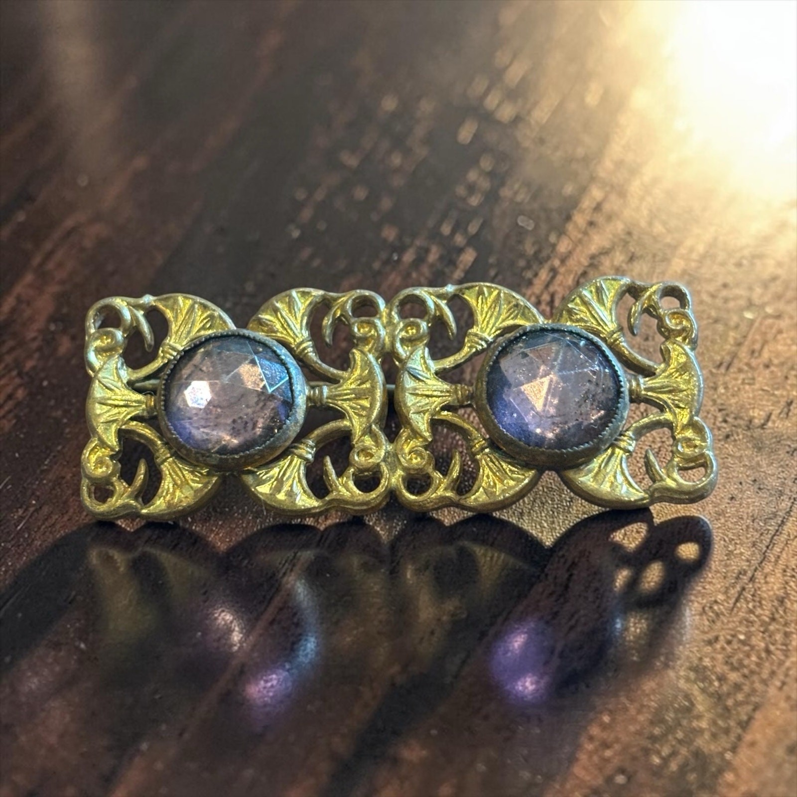 Vintage Art Nouveau Revival Brass Tone Brooch Purple Glass Cabochon Pin