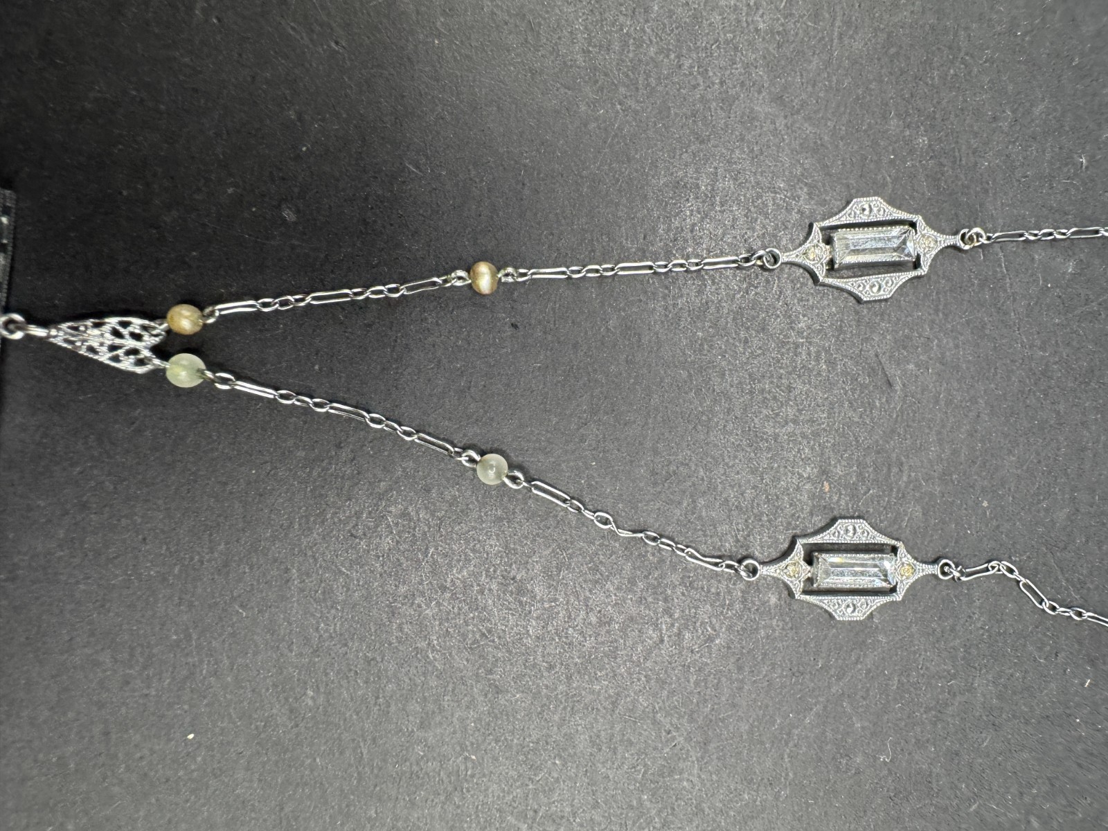 Art Deco Filigree Crystal Chain & Pendant Silver Tone