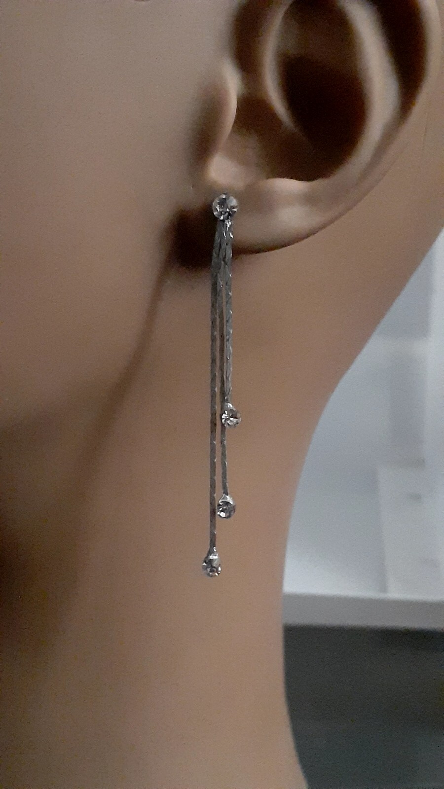 Silvertone Chain Dangle/drop Rhinestone Accent Earrings