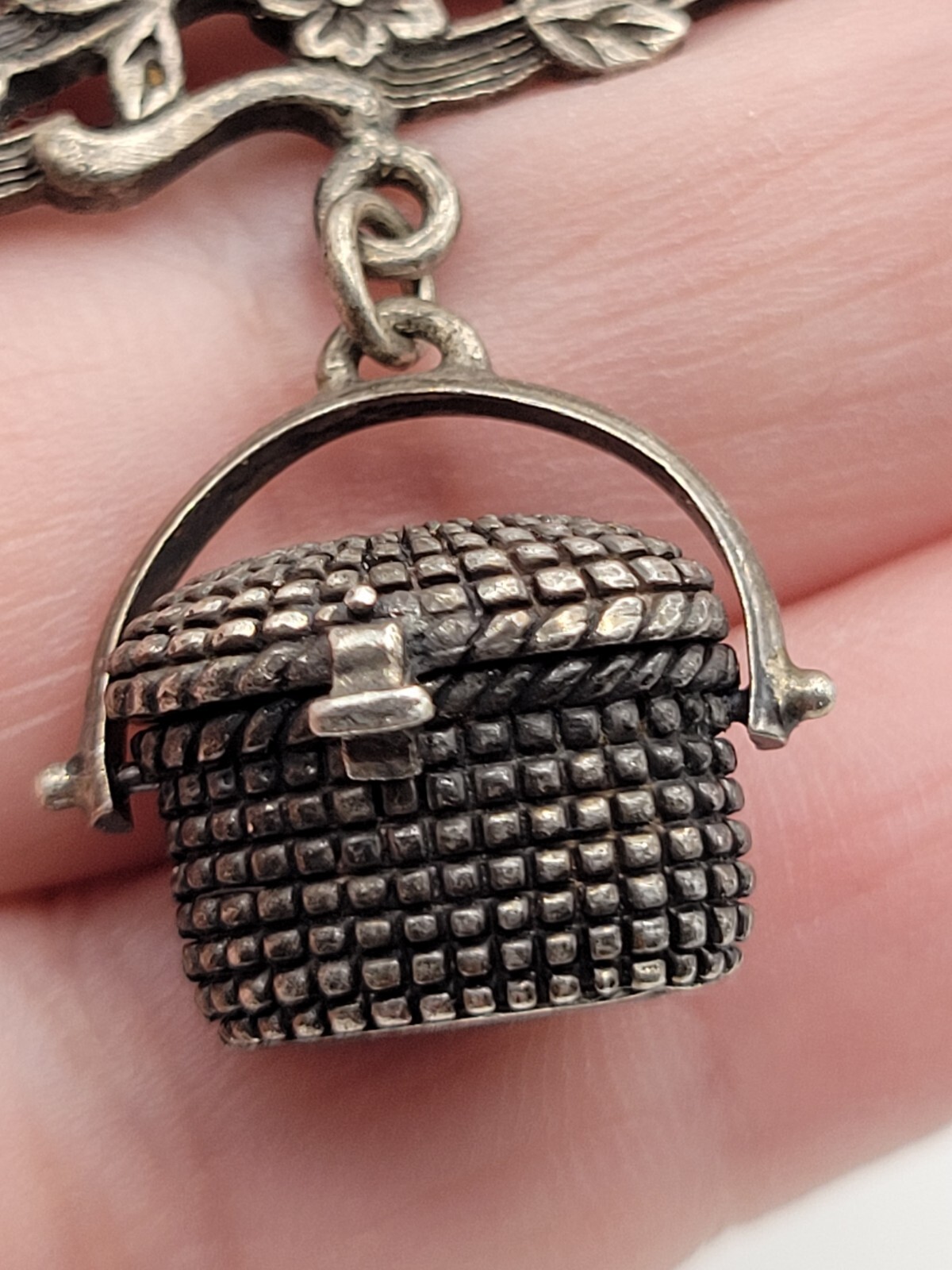Brown County Basket Sterling Silver Dangle Basket Locket Charm Brooch Pin Signed