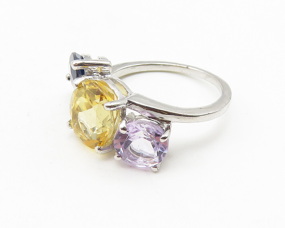 925 Sterling Silver Amethyst Citrine & Sapphire Shiny Band Ring Sz 7 RG10547