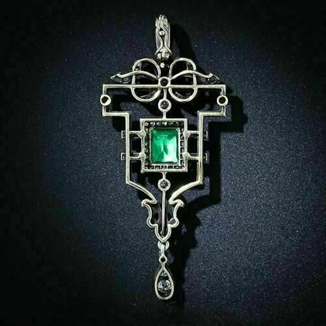 Green Emerald & White Lab Created Diamond Wedding 14K White Gold Finish Pendant