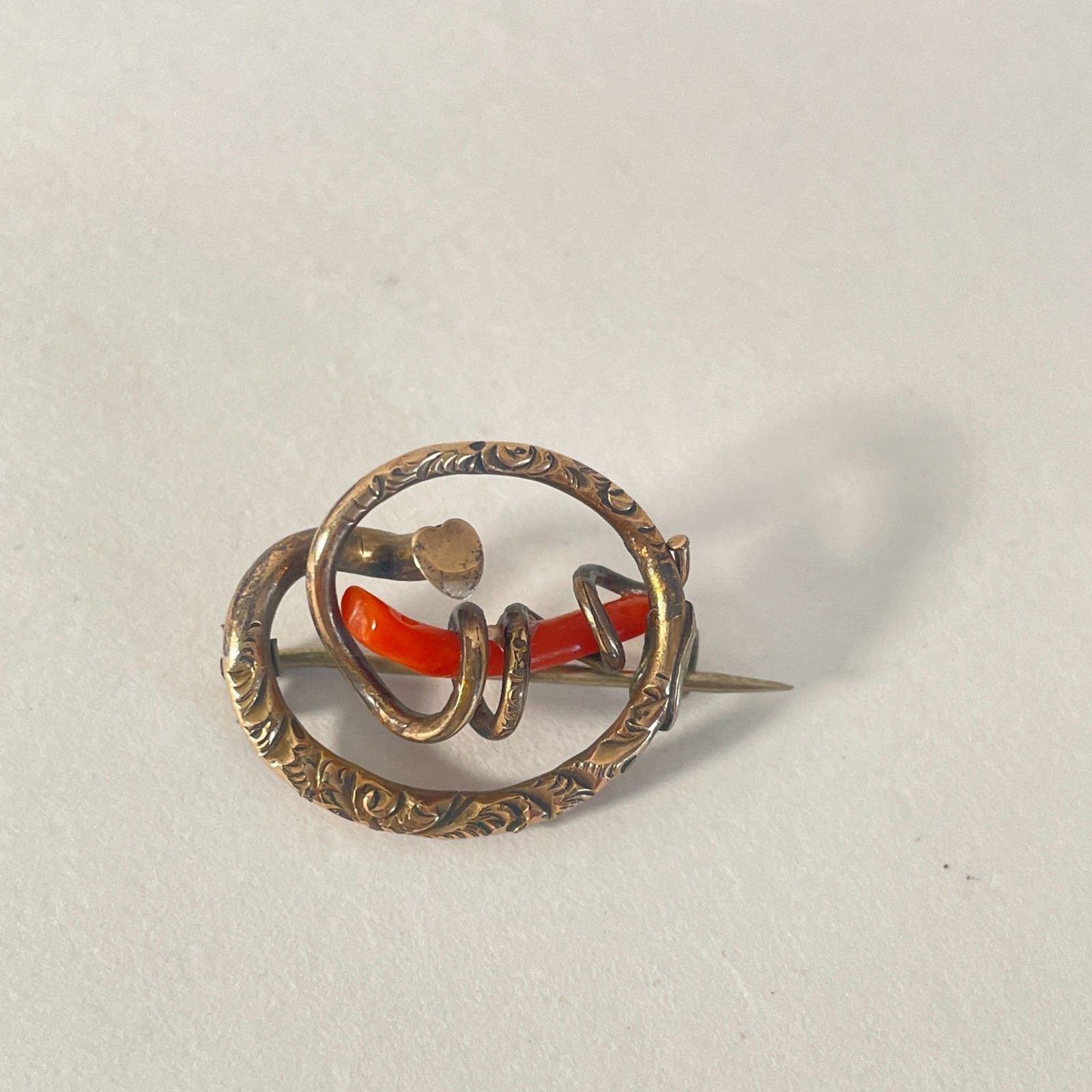 Antique Victorian Gold-Filled Brooch with Coral