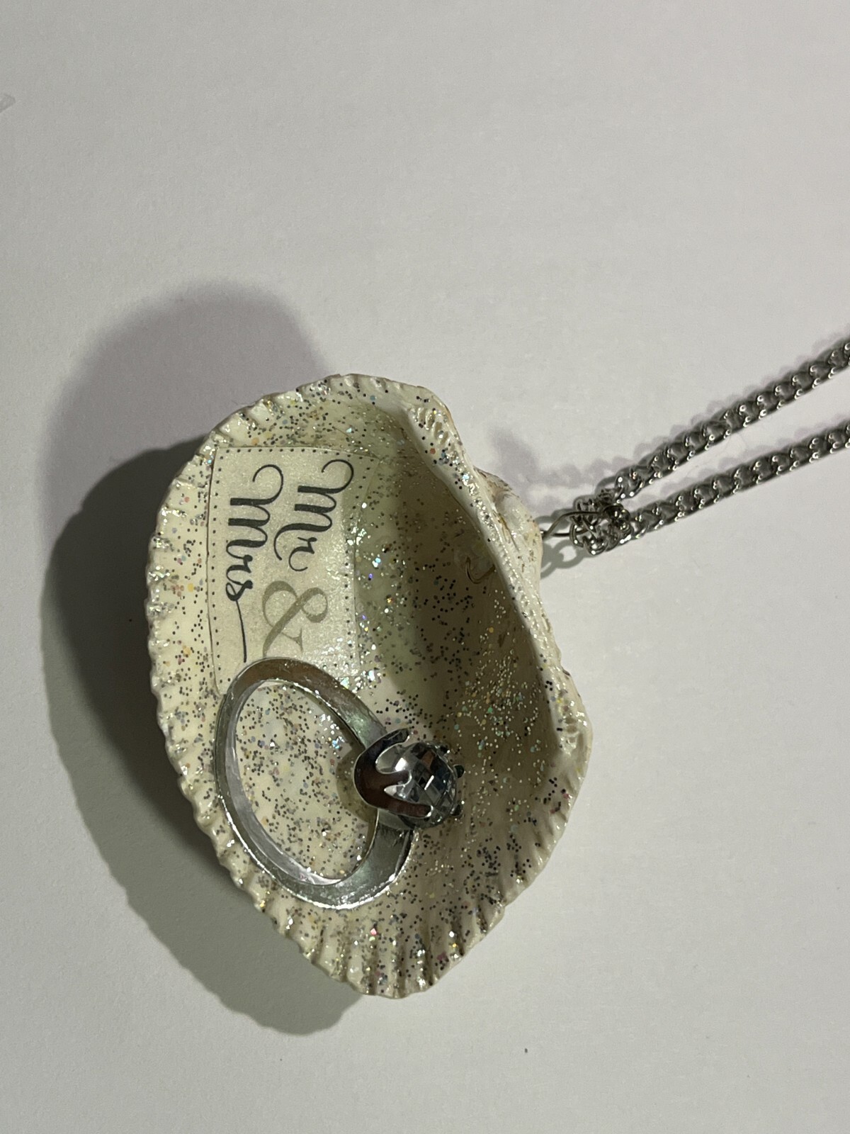 Handmade Art Wedding Seashell Necklace Mr and Mrs approx 20″ chain gift beach