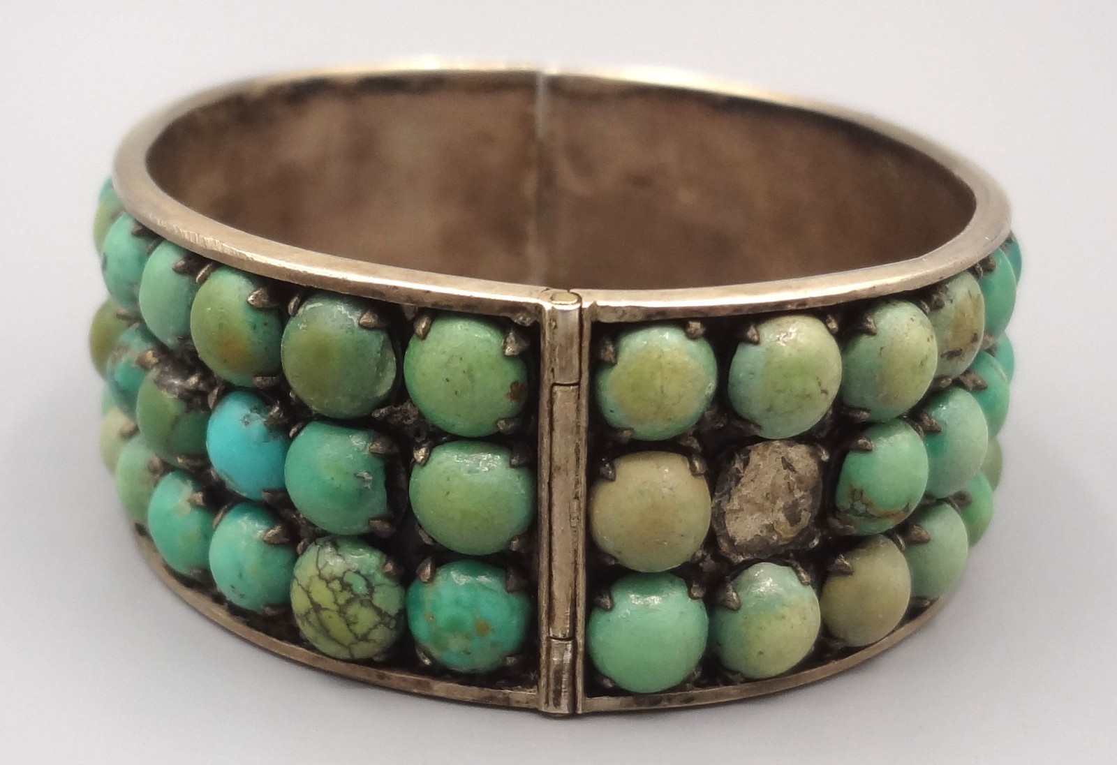 Antique BEE CHINA SILVER Chinese Export 3 Row Turquoise Cuff Bracelet READ