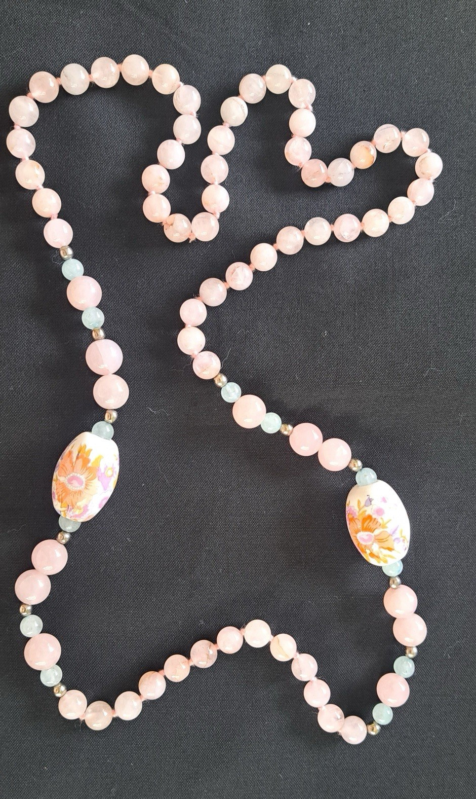 Vintage Rose Quartz and Cloisonné bead Necklace.Painted Beads. Silver Spacers.