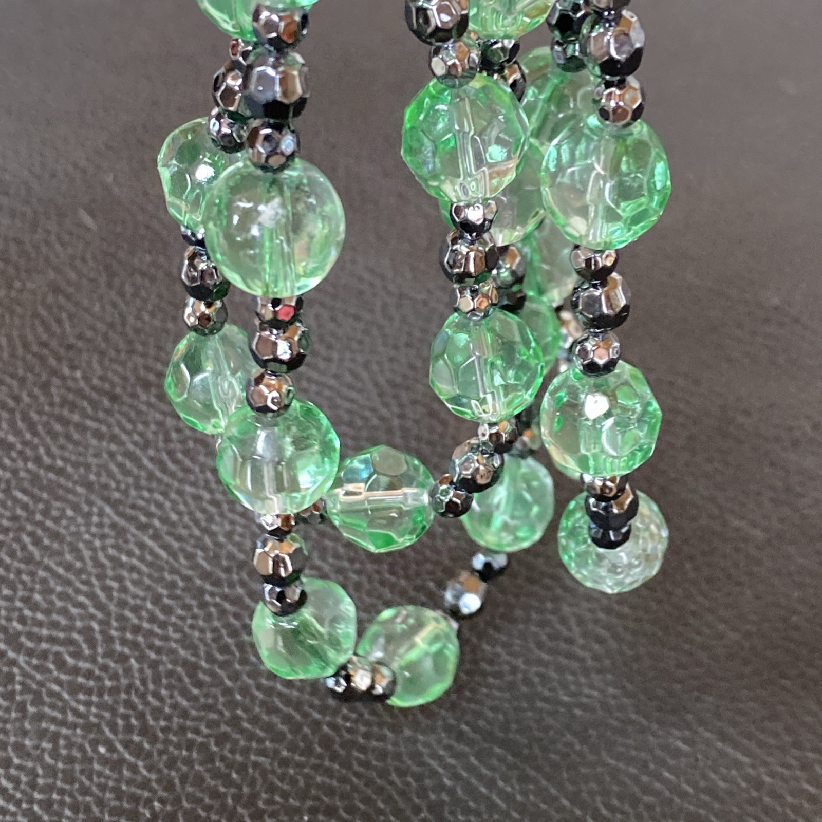 Vintage Green Glass Faceted 3 Strand Necklace w/ Matching Pair Drop Earrings Set