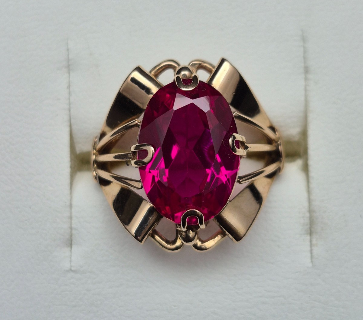 Vintage Soviet 14K Rose Gold Ring 583 with Ruby Stone • Original USSR Jewelry