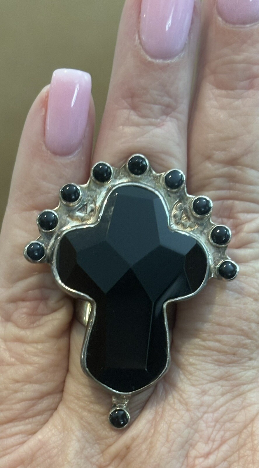 Vintage Darla N Native American Onyx/Silver Cross Ring Adjustable 30g