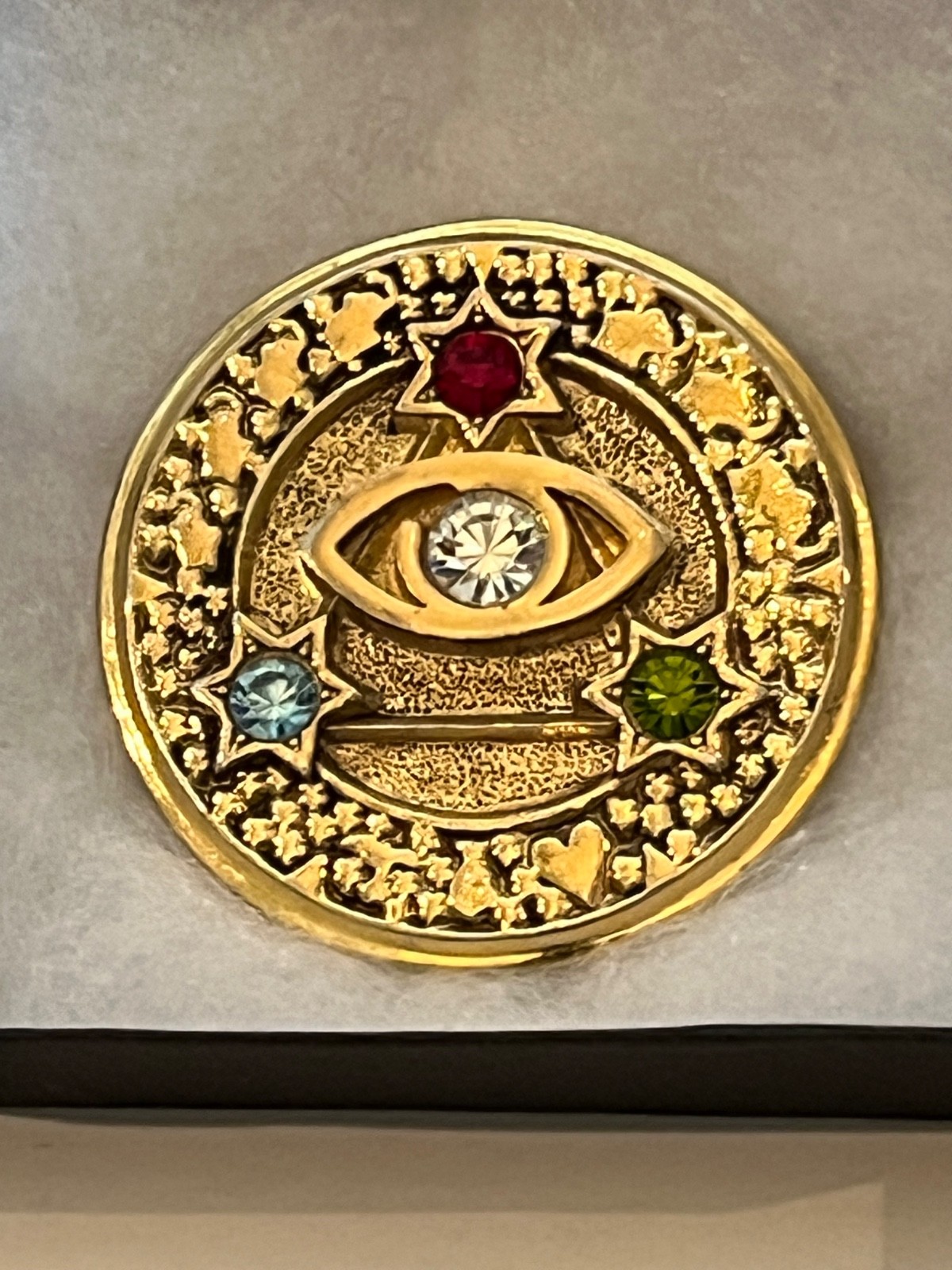 Vtg. Jewels Third Eye Charm, Authentic Rhinestone pin Brooch lucky charm Signed