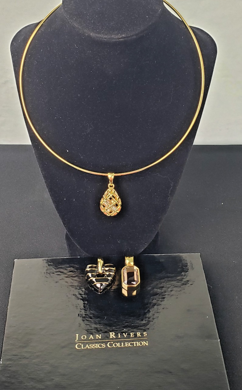 Vintage Joan Rivers Gold Plated Choker With 3 Interchange Charms Necklace w/Box