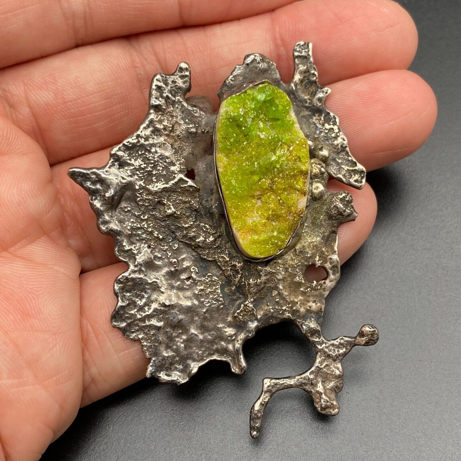 Vintage Brutalist Abstract Green Druzy Stone Silver Pendant