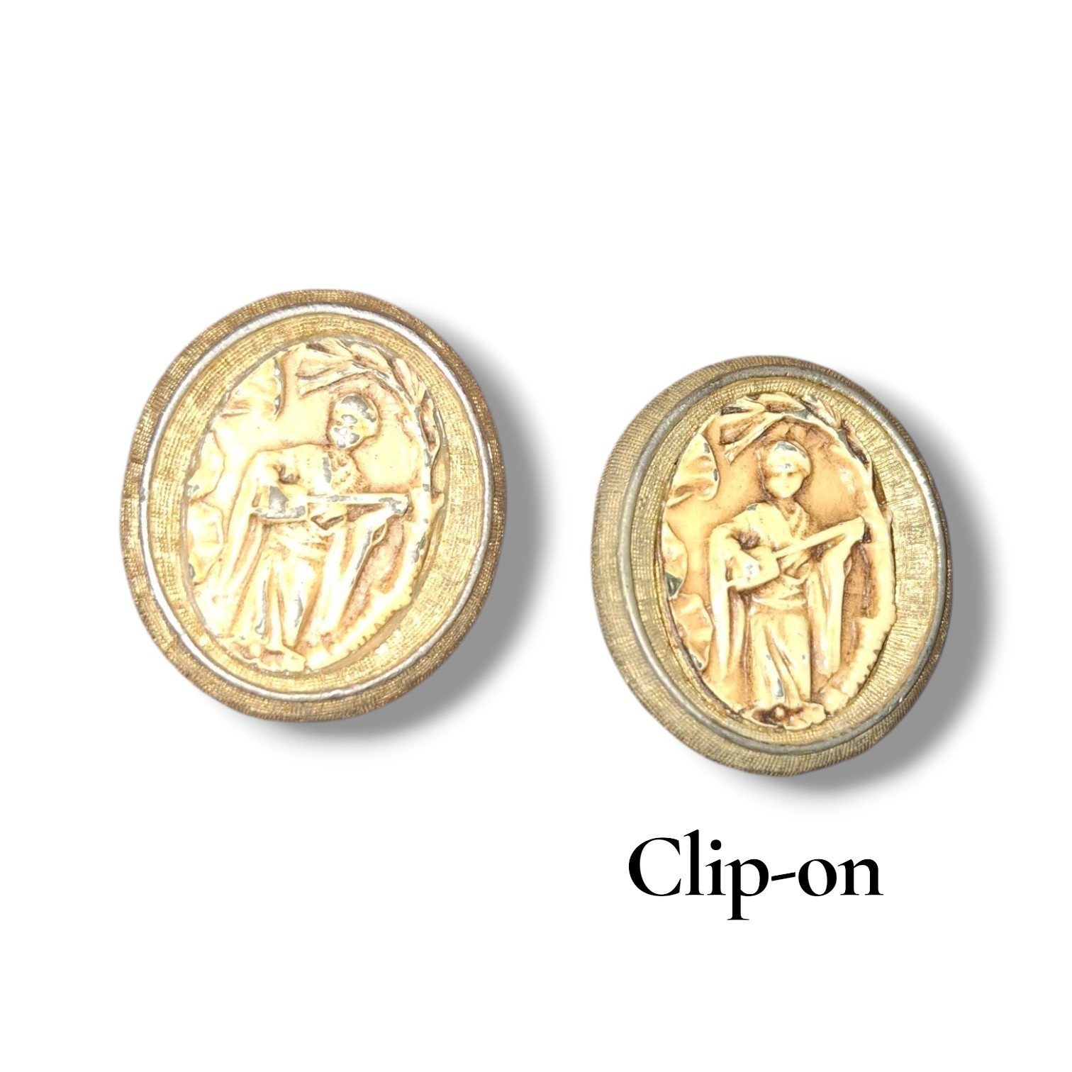 Vintage Enameled Metal MCM Woman Playing Lute Oval Goldtone Clip On Earrings