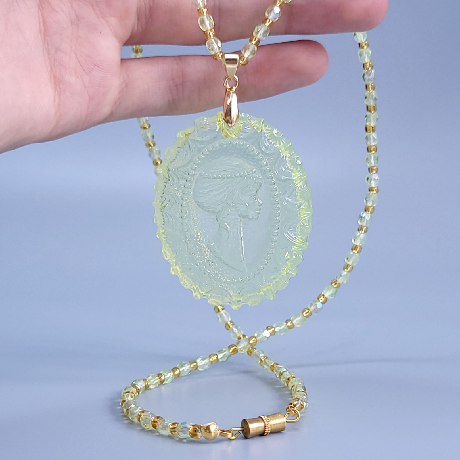 Uranium Glass Necklace 23” Cameo Pendant Vaseline Yellow Czech Beads