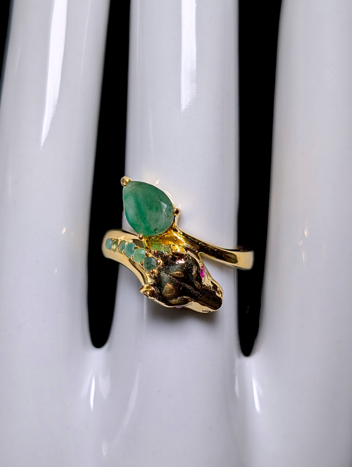 Vintage Genuine Emerald and Ruby Eyed Panther Wrap Cross Over 14kt Gold over Ste