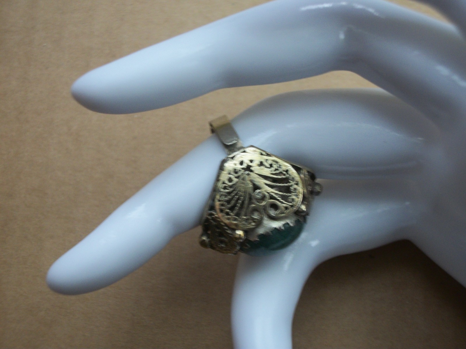 Vintage Gold-tone Green Cabochon Filigree Dome Ring Statement Piece