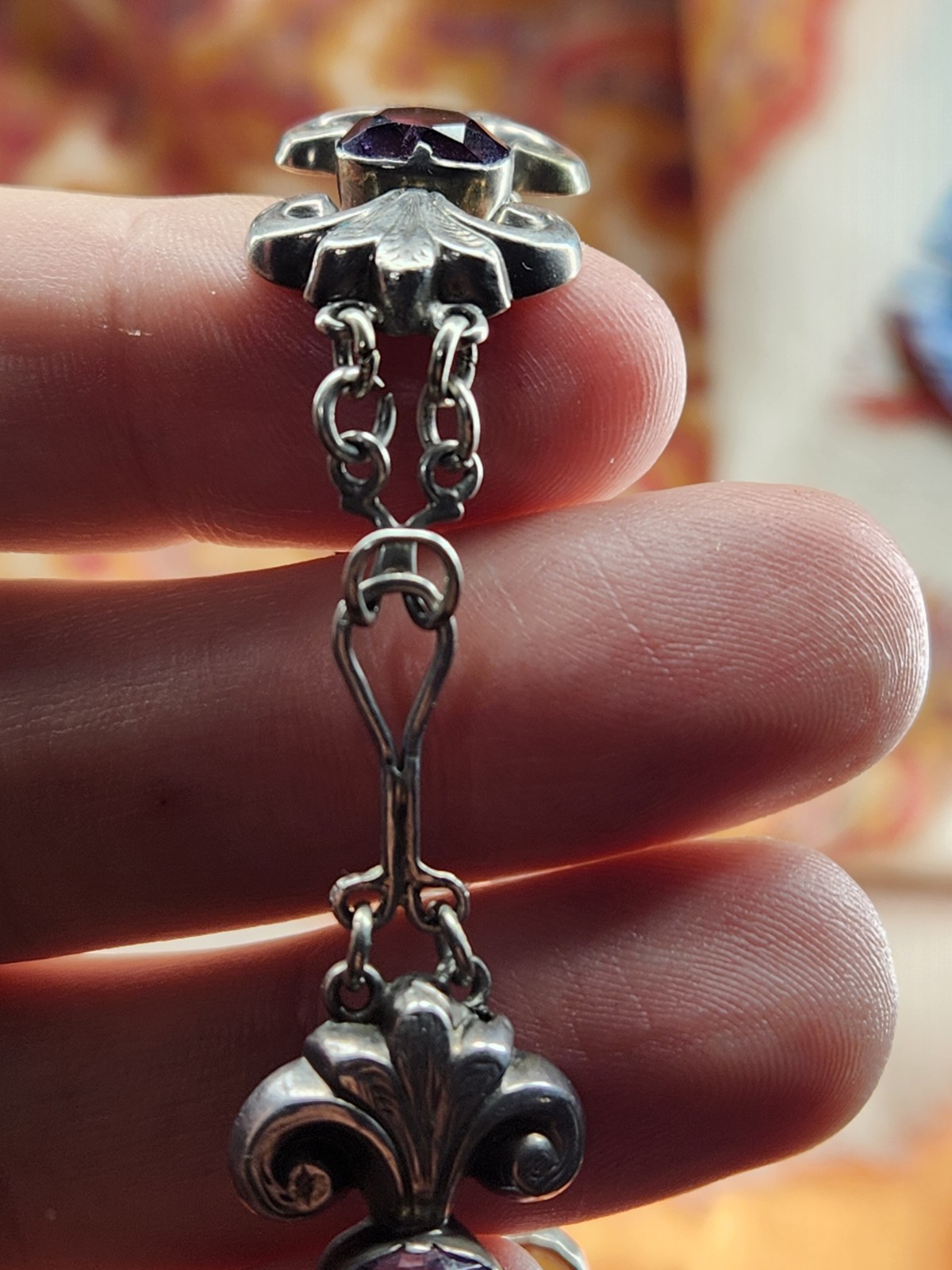 VINTAGE ANTIQUE SILVER SCOTTISH AGATE & AMETHYST BRACELET HOOK CLASP
