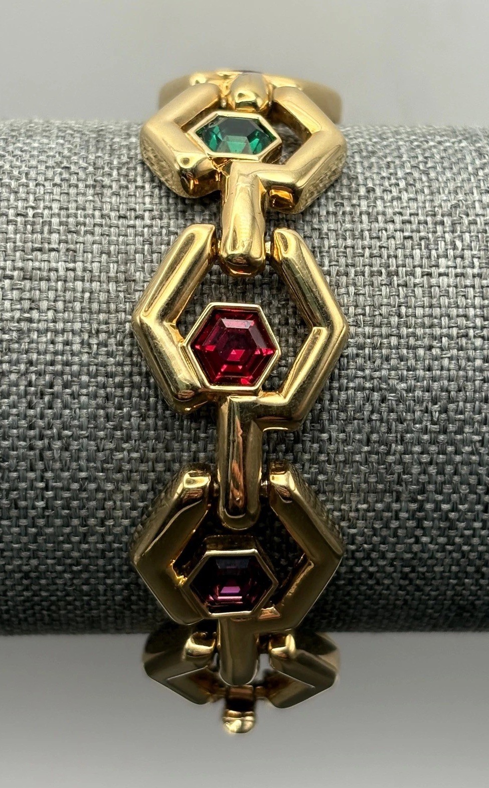 VTG 80s SWAROVSKI SWAN Gold Tone Hexagon Link Bracelet Green Purple Red Crystal