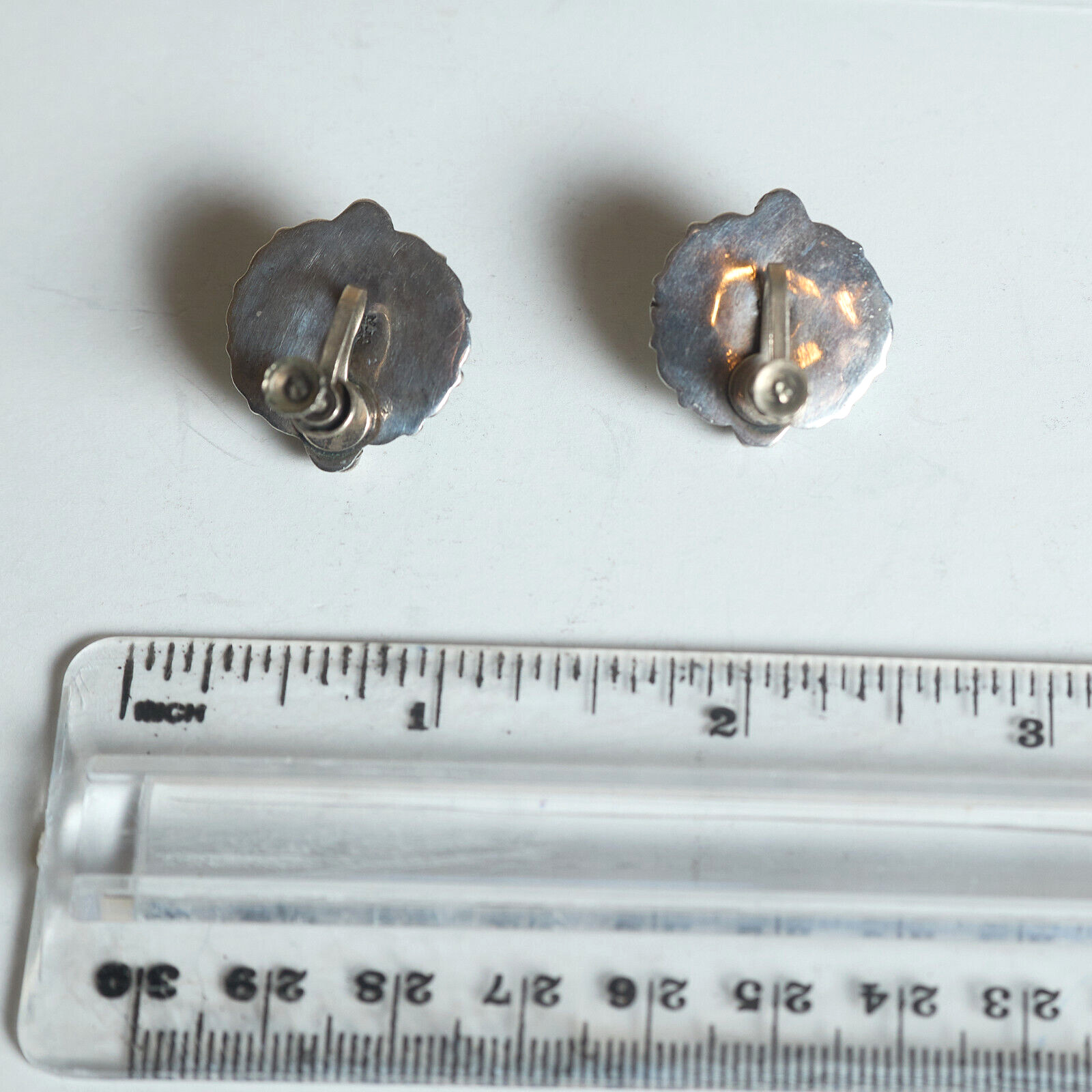 1940s Artisan 925 Silver Mexican Handmade Ornate Earrings Green Stone Screw Back