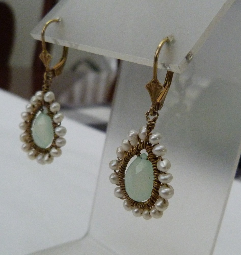 GOLD OVER STERLING SILVER BRIOLETTE AQUA CHALCEDONY FRESHWATER PEARL EARRINGS
