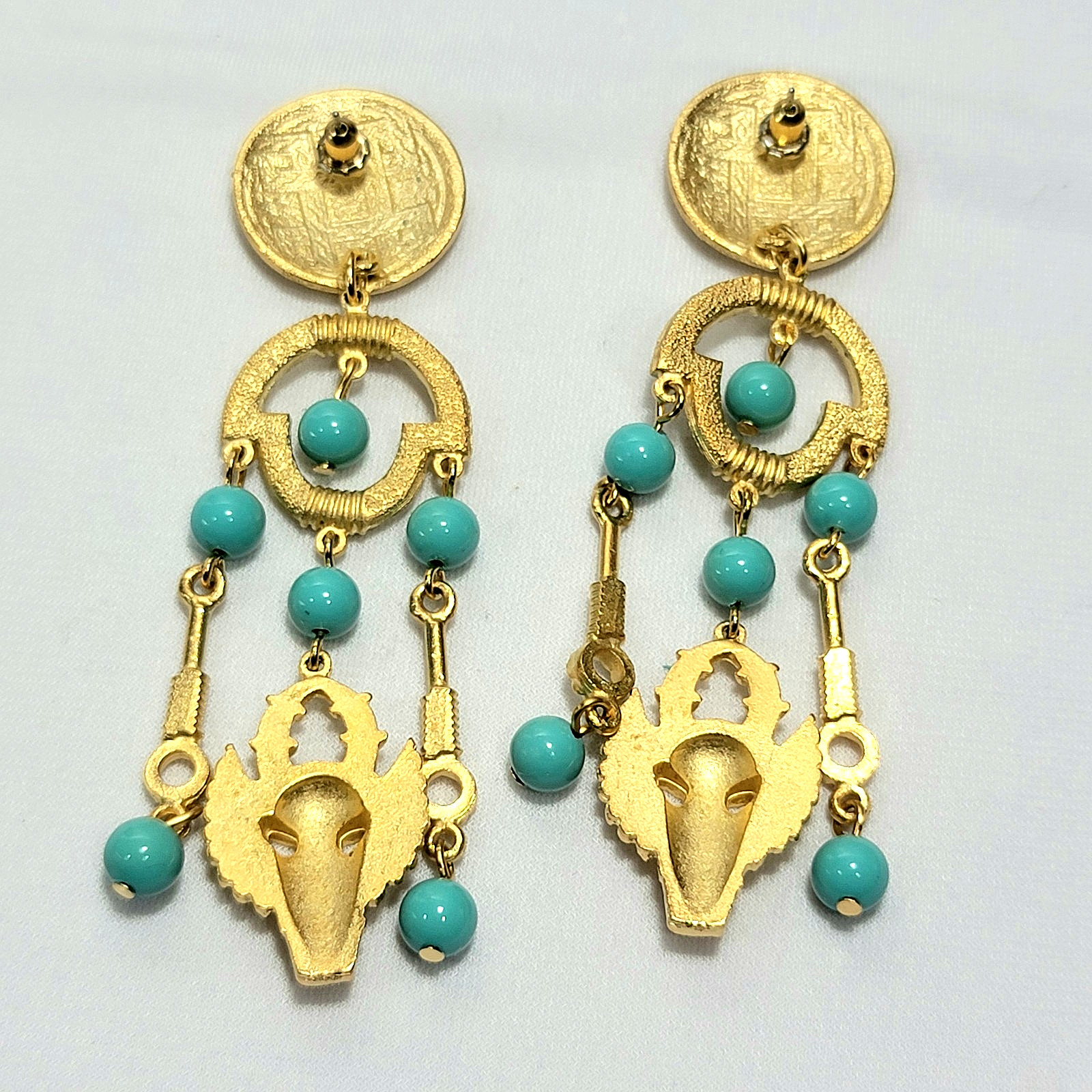 Vintage Estate Mayan Aztec Inspired Beaded Dangle Nepali Coin Earrings