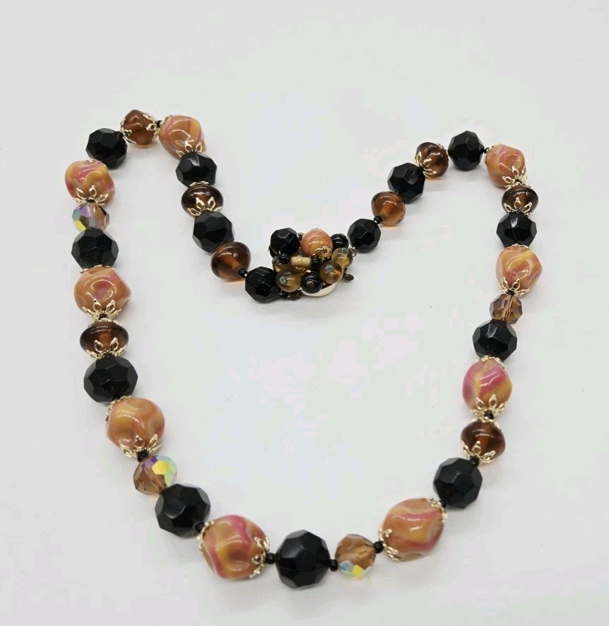 Necklace Amber Brown Peach Multicolored Glass Beaded Signed JAPAN 21 in