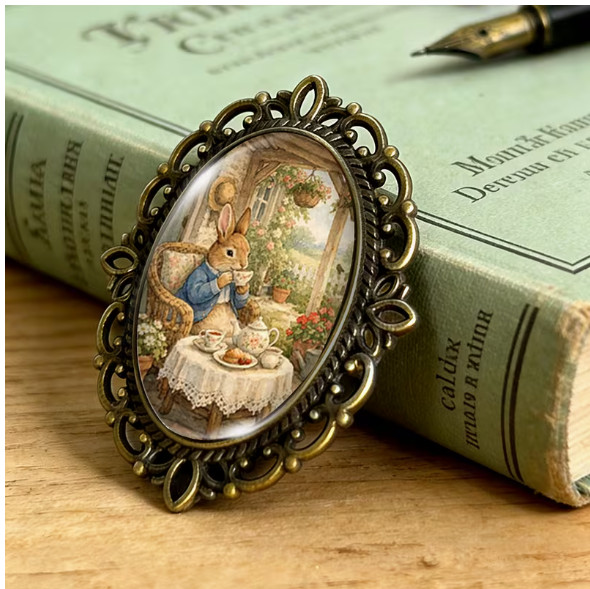 BROOCH- Rabbit’s Tea Party Brooch Oval Lace-Edged Glass Brooch