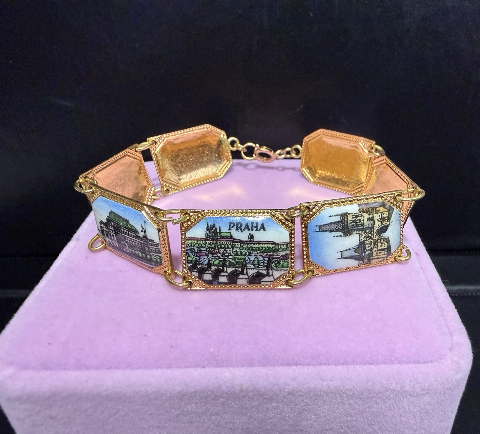 Vintage Gold Tone Enamel Souvenir Bracelet From Praha (Prague) Czech Republic