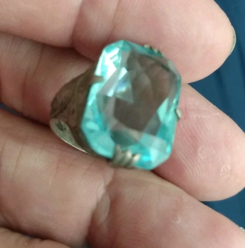 Antique Art Deco Sterling Silver Ring Czech blue Glass Size 5 1/2