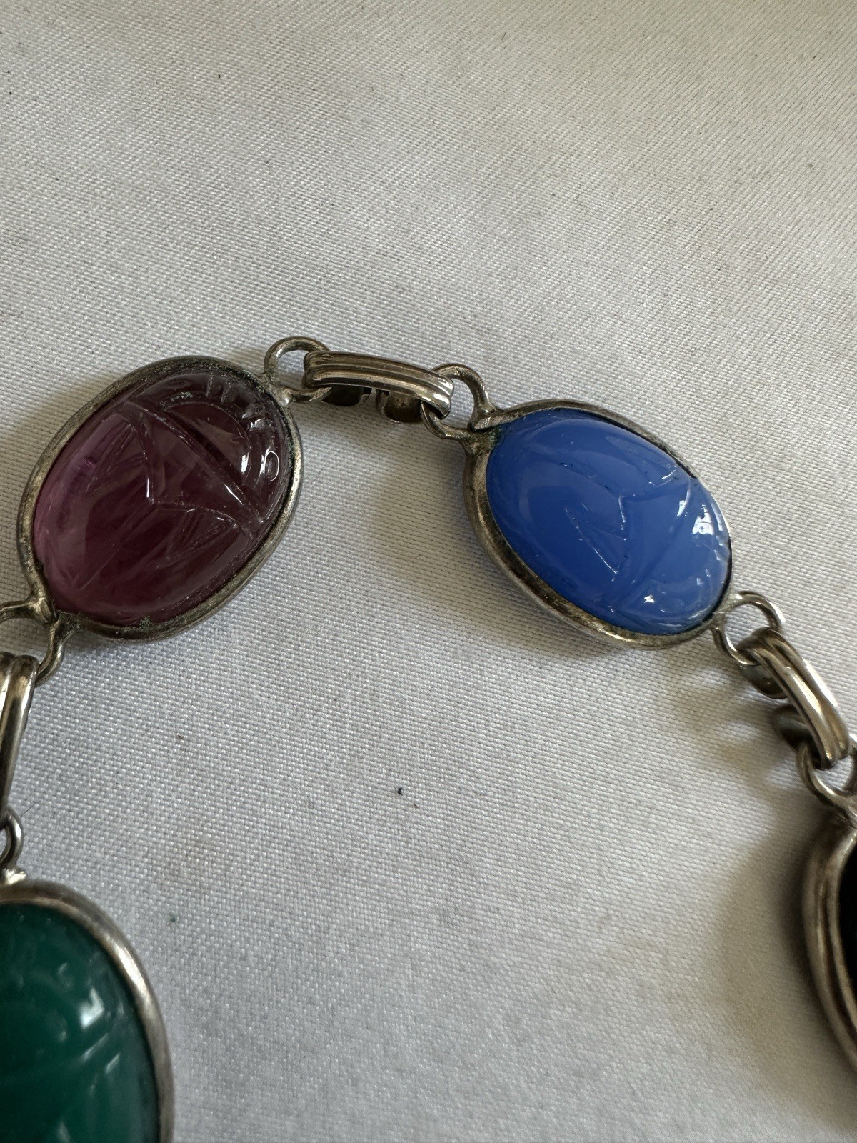 vintage Egyptian Revival scarab bracelet with multicolor glass Silver Tone
