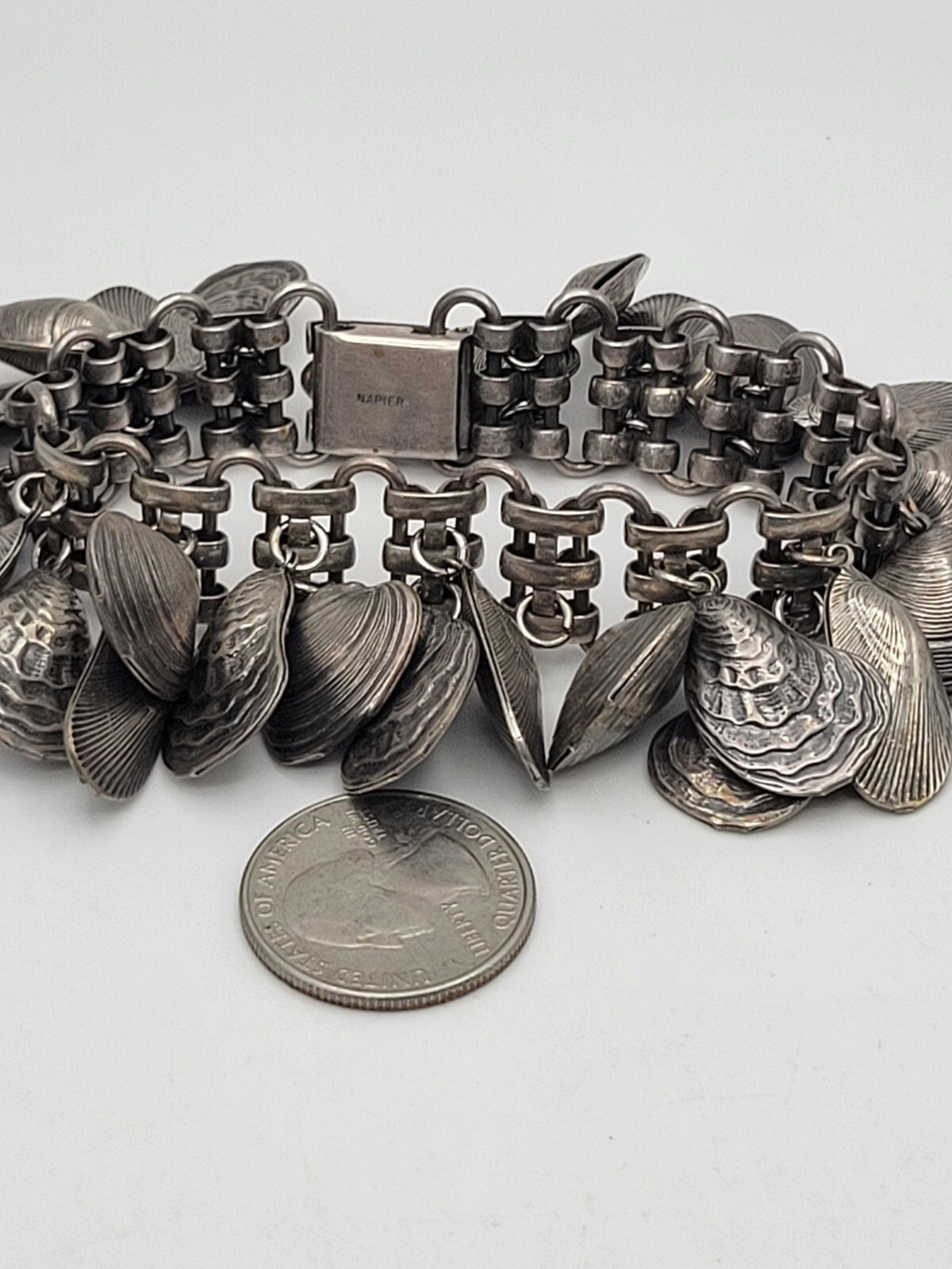 AS IS VINTAGE NAPIER EUGENE BARTOLLI SEASHELL CHARM BRACELET SILVER TONE