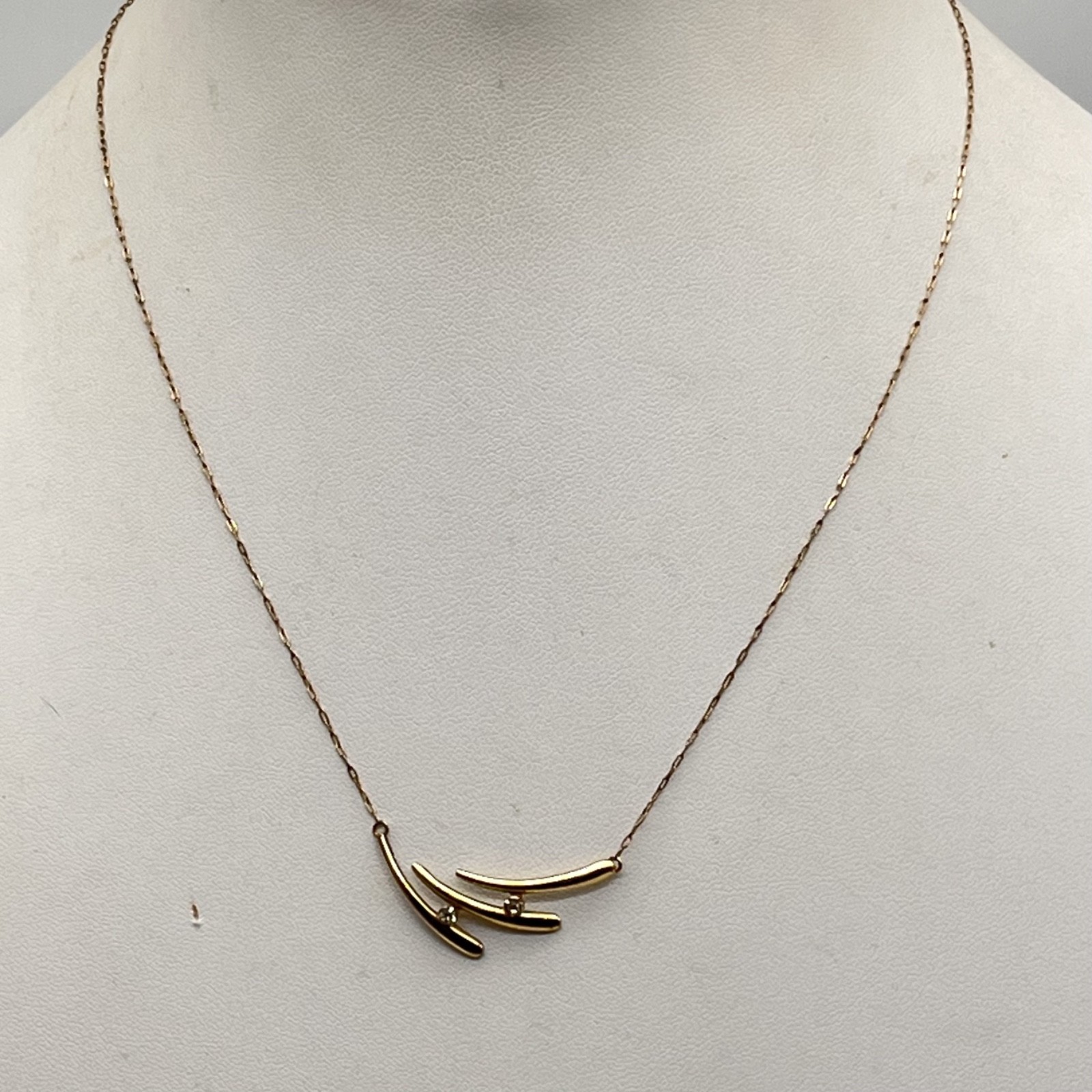 Vintage Modernist Abstract Pendant Necklace Gold Tone Rhinestone Accent 17″