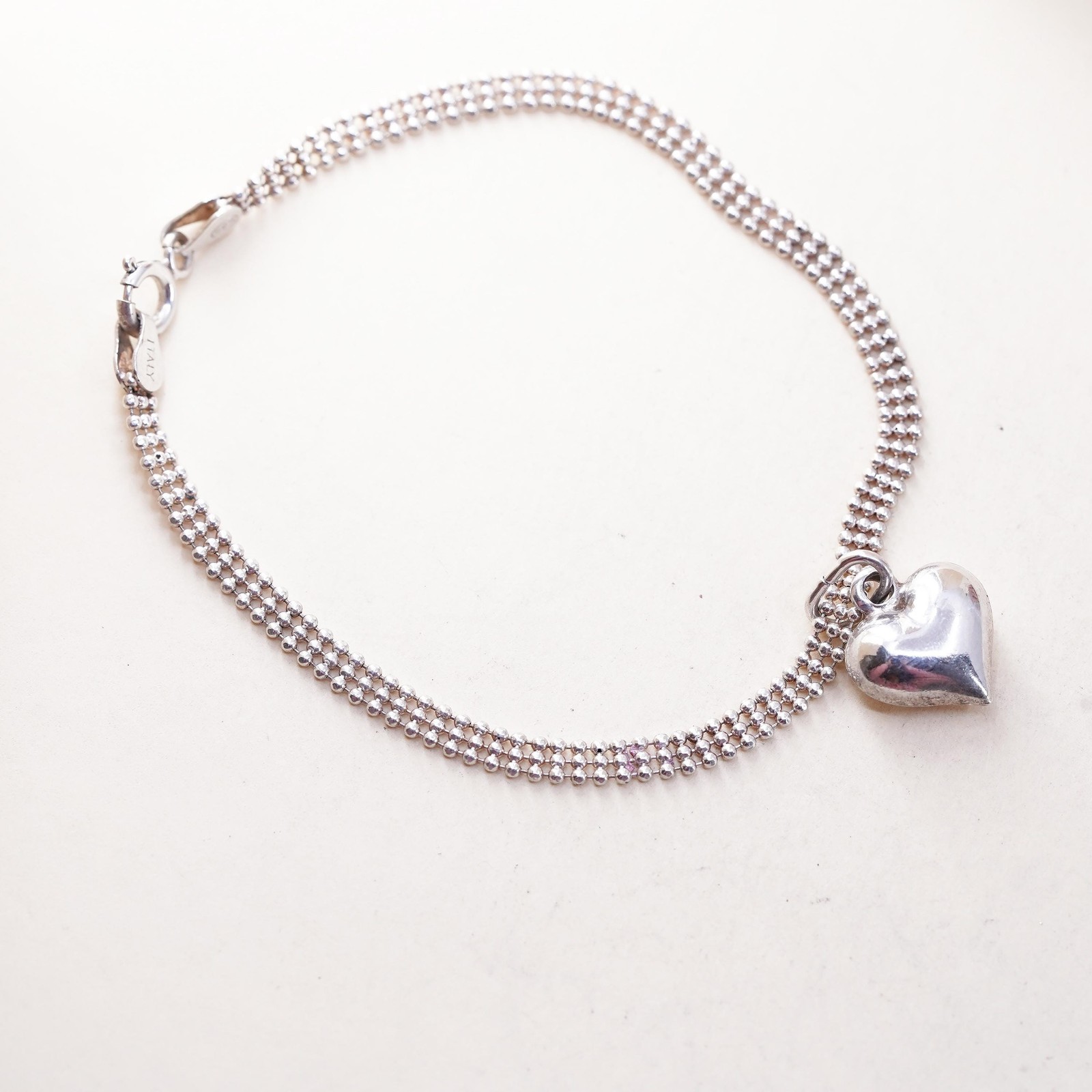 7” 4mm, Vintage Italian sterling silver bracelet, 925 bead chain heart charm
