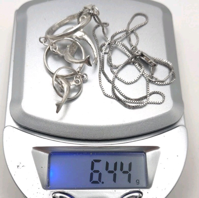 Sterling Silver Box Chain 18″ Necklace NC Jumping Dolphins Pendant 6.4g 0.8mm