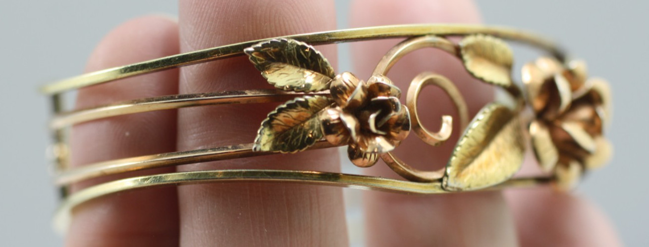 Vintage roses & yellow gold tone/ plate leafy filigree cuff bangle bracelet